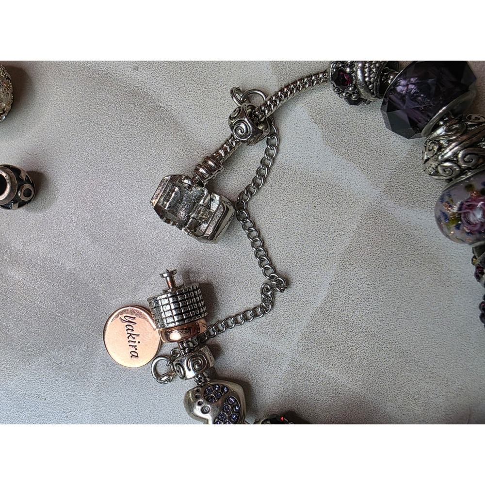 Sterling Silver Charm Bracelet Purple Murano Glass Pave Crystal Beads Yakira 48g - Picture 7 of 16